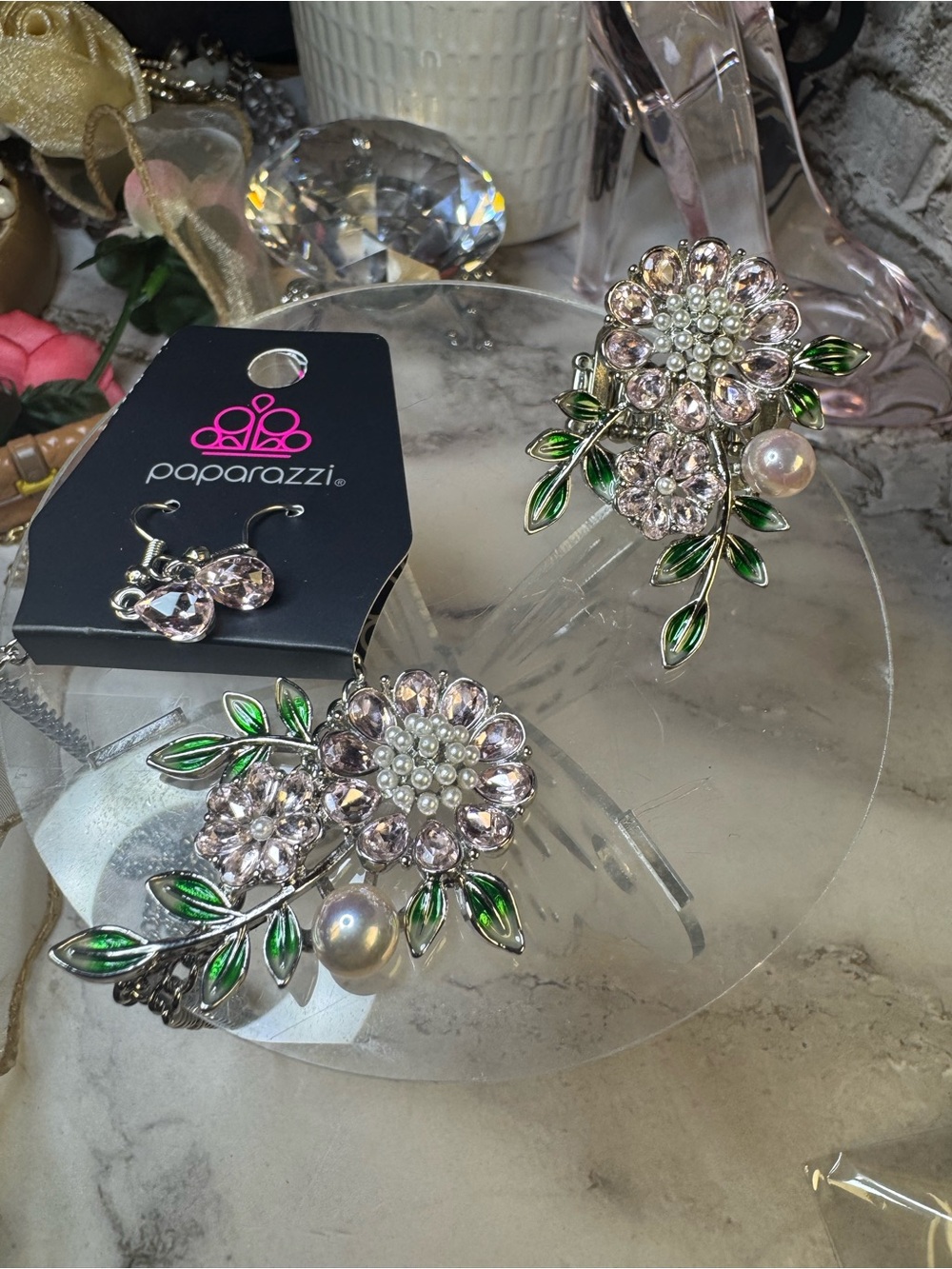 Paparazzi Pale Pink Crystal Floral Brooch Set with Green Leaves